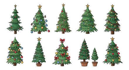 A charming collection of various decorated Christmas trees, featuring festive ornaments, glowing lights, and star toppers, ideal for holiday season greetings and winter celebrations