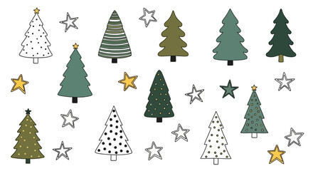 Whimsical collection of hand-drawn Christmas trees and sparkling stars, perfect for festive winter season designs, holiday greetings, and decorative patterns