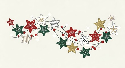 Festive christmas garland with stars and musical notes on a cream background