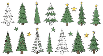 Hand-drawn Christmas tree collection for festive holiday designs. Features diverse evergreen styles with stars and snow, perfect for winter projects