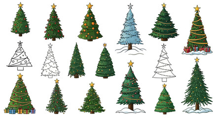 Diverse Collection of Hand-Drawn Christmas Trees with Ornaments, Lights, and Snowy Accents for Festive Holiday Designs and Seasonal Celebrations