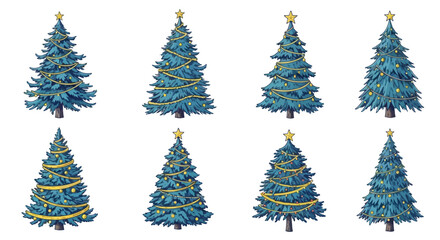 Stylized blue Christmas trees collection, adorned with golden garlands, stars, and festive ornaments, ideal for holiday season designs and winter celebrations