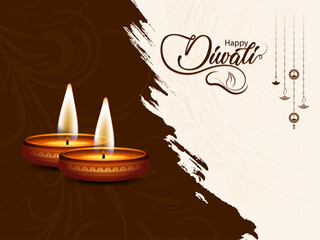 Happy Diwali Festival Greeting Background with Two Glowing Diyas, Elegant Beaded Decorative Pattern, Hanging Ornaments, and Vibrant Indian Celebration Design for Holiday Card or Poster