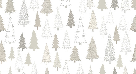 A charming and elegant seamless pattern featuring an array of stylized Christmas trees in various natural shades of grey and beige, perfect for festive winter designs and holiday backgrounds
