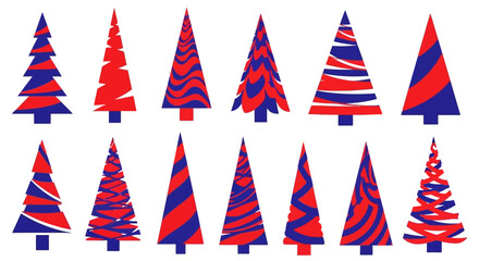 Collection of festive abstract Christmas tree designs in vibrant red and blue colors, perfect for holiday season decorations and modern graphic elements