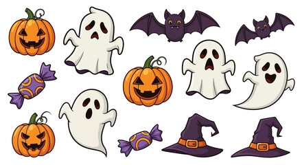 Collection of Halloween themed vector cartoon illustrations with pumpkins, ghosts, bats, candy and witch hats, white background