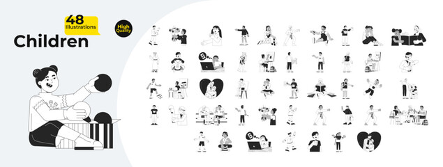 Diverse children activities and education outline illustrations mega bundle. Kids learning, playing, reading, drawing, doing sports 2D linear images. Collection black and white vector drawings