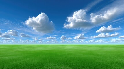 Fototapeta premium Expansive Green Field Under Clear Blue Sky with Fluffy White Clouds and Bright Sunlight for Landscapes and Nature Themes