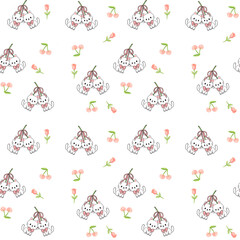 Cute Kitten and Cherry Pattern with Pink Roses and Bows