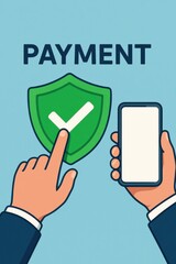 Digital Payment Verification with Safe Transaction Symbol and Mobile Phone in User Hand