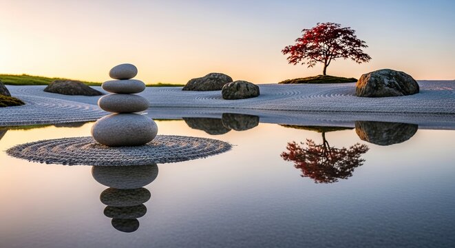Zen garden with stacked pebble stone balancing on sand. Red maple tree and calm water reflection. Meditation and spiritual healing.