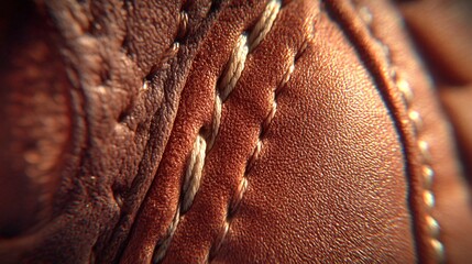 Luxurious brown leather close-up with intricate stitching details showcasing texture and craftsmanship for fashion, design, and authentic material concepts