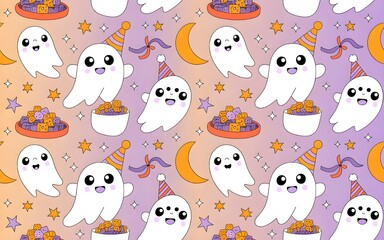Naklejka premium Cute ghosts floating with candy, stars, and moons, seamless Halloween pattern, kawaii style, pastel orange and purple tones, vector flat design