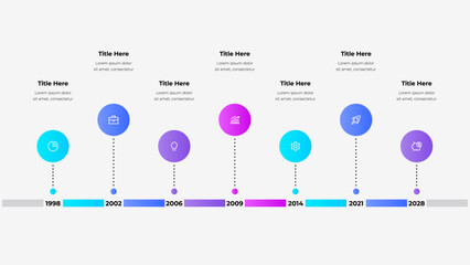 Horizontal timeline showcasing key milestones. Each year features a colored circular icon connected by dotted lines, with gradient bars emphasizing progress and growth. Workflow infographic design