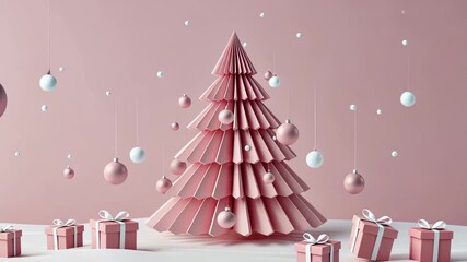 Elegant pink christmas scene with balloon movement and gift arrangement in snowy setting - Powered by Adobe