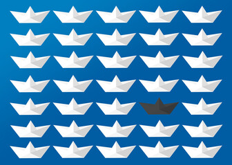 Illustration of white and black paper boats in rows symbolizing diversity