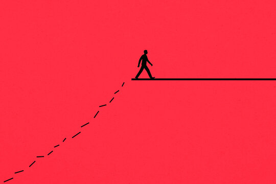 Silhouette of man walking on black line in red illustration with copy space