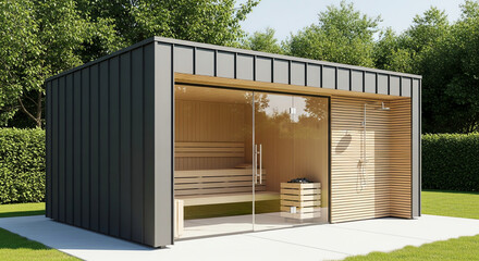 Modern outdoor sauna with glass walls and wooden interior in garden  