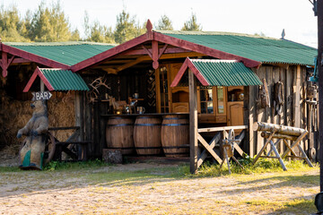 Rustic Outdoor Bar with Bear Statue and Wooden Decor