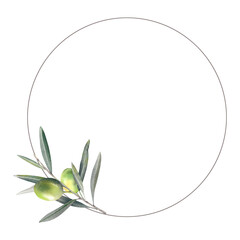Olive branch with ripe green berries, round frame, wreath on an isolated background. Hand-drawn watercolor illustration. Mediterranean fruits Olive oil for a vegetarian recipe. Menu decoration clipart