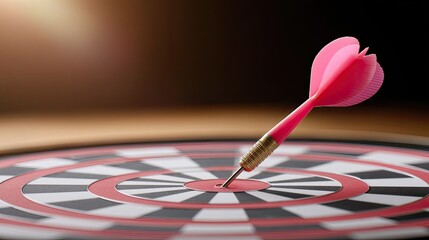 Fototapeta premium Close-Up of a Pink Dart Targeting the Bullseye on a Dartboard with Warm Lighting Effects