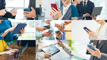 様々なモバイルデバイスを使う人々のコラージュ