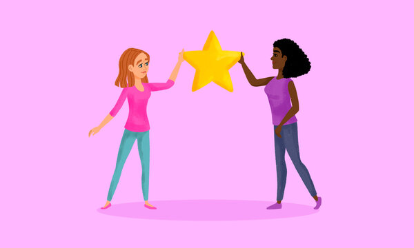 Two people celebrating together holding a star illustration
