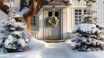 Charming house exterior decorated for Christmas in snowy landscape
