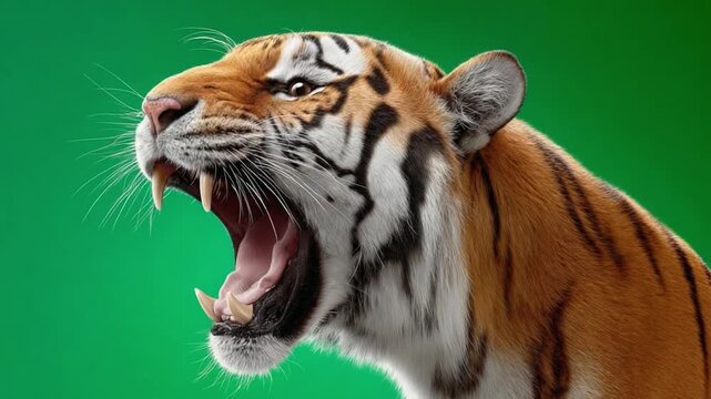 Tiger's Roar: A close-up shot captures the raw power and primal instinct of a majestic tiger as it unleashes a deafening roar, showcasing its sharp teeth and intense gaze.
