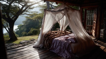 canopy bed with soft linens and a warm blanket is placed in a rustic cabin. Sunlight streams through open doors, illuminating the peaceful natural scenery outside