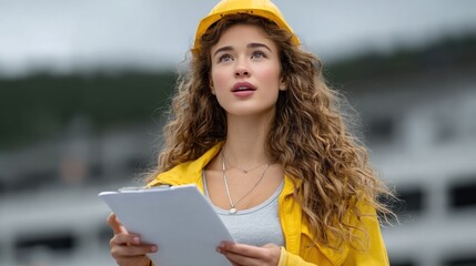 young woman in a hard hat and yellow jacket stands outdoors at a construction site, holding a clipboard and looking up thoughtfully. sky is overcast, indicating possible rain