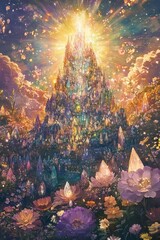 Fototapeta premium A colorful, fantastical scene with a large, multi-colored tower in the center