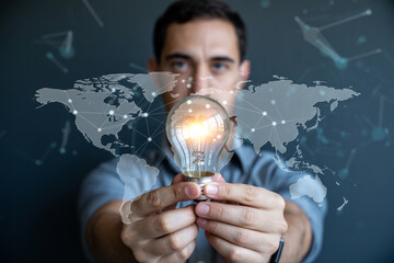 Man holding lightbulb with world map background innovation global idea and business solutions concept