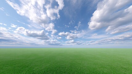 Fototapeta premium Expansive Green Grass Field Under Dynamic Cloudy Sky with Blue Horizon, Natural Landscape for Outdoor Themes