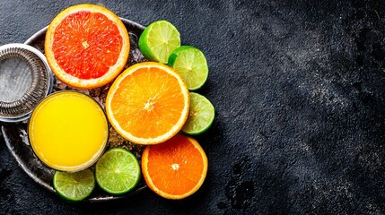 Vibrant citrus cocktail ingredients on a slate background offer a refreshing and modern feel perfect for summer promotions and healthy lifestyle content