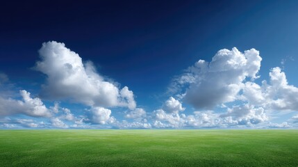 Fototapeta premium Serene Landscape with Lush Green Grass and Bright Blue Sky Featuring Fluffy White Clouds