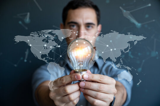 Man holding lightbulb with world map background innovation global idea and business solutions concept