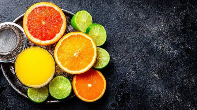 Vibrant citrus cocktail ingredients on a slate background offer a refreshing and modern feel perfect for summer promotions and healthy lifestyle content