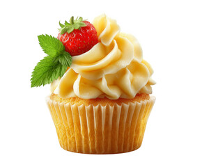 A delicious vanilla cupcake with creamy yellow frosting, topped with a fresh strawberry and a mint leaf, isolated on transparent background
