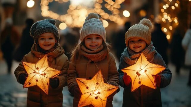 Three children holding illuminated star-shaped lanterns during a traditional Saint Martin's day parade in Germany, creating a magical and festive atmosphere