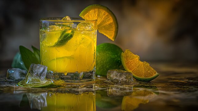 Sip on refreshing citrus coolness with this vibrant, ice-cold yellow cocktail garnished with lime slices and mint leaves, perfect for summer vibes. - Powered by Adobe