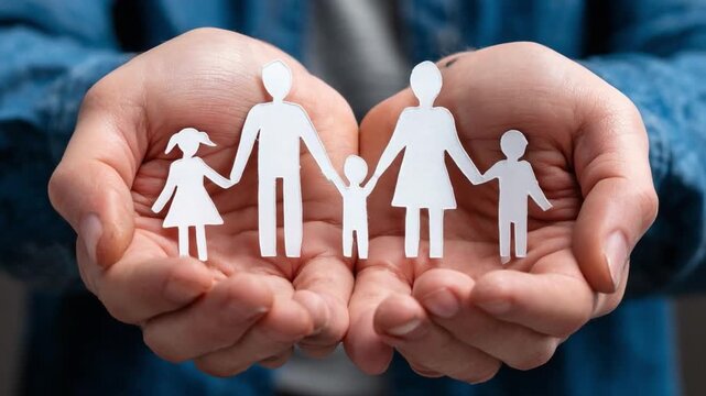 Family Bonds: Person tenderly cradles a paper silhouette of a family, symbolizing the unbreakable connection of love and protection. The hands are open, showcasing care and unity
