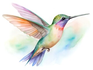 Fototapeta premium Watercolor painting of a hummingbird in flight, isolated on white background