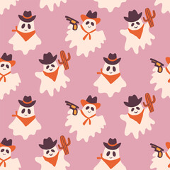 Halloween Cowboy Ghosts Seamless Pattern Cute Set