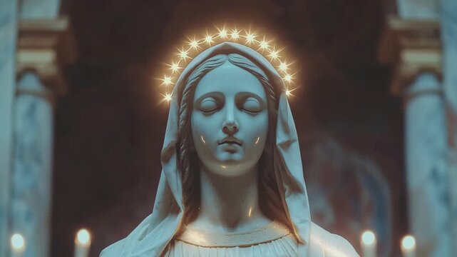 Saint mary statue with glowing halo and candle lights in a sacred church setting. Christian religious worship and prayer footage.