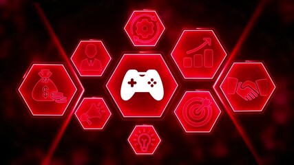 Red Hexagon Icons Displaying Gaming and Business Concepts on Dark Background strategy finance - Powered by Adobe
