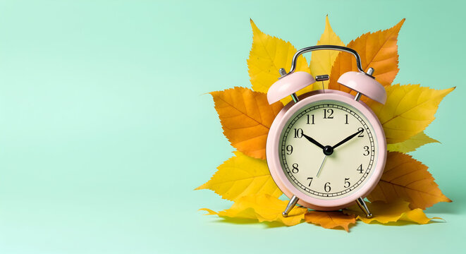 Autumn Time Concept: Pink Alarm Clock Surrounded by Fall Leaves on Teal Background