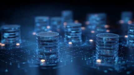 Digital currency stacks with glowing elements in a futuristic technology environment