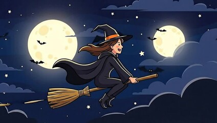 A young witch flying on a broomstick across a full moonlit night sky with bats and clouds. - Powered by Adobe