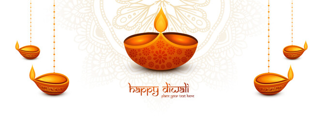 Happy Diwali Festival Background with Glowing Orange Diyas and Hanging Lanterns, Warm Festive Lights, Vibrant Indian Celebration Artwork, and Elegant Holiday Greeting Card Design